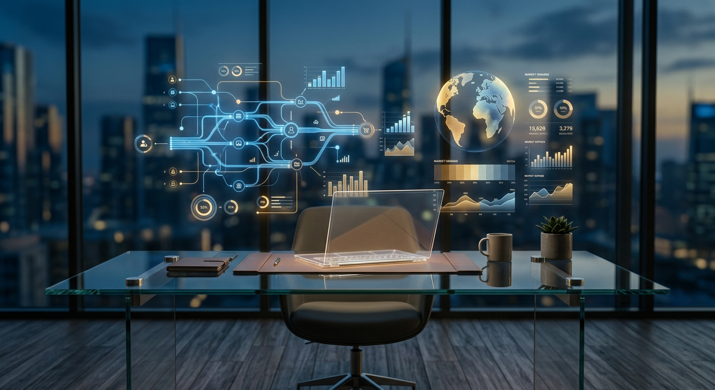 Futuristic minimalist workspace with holographic data overlays showing product-market fit metrics and user sentiment analysis. Luxury editorial aesthetic.