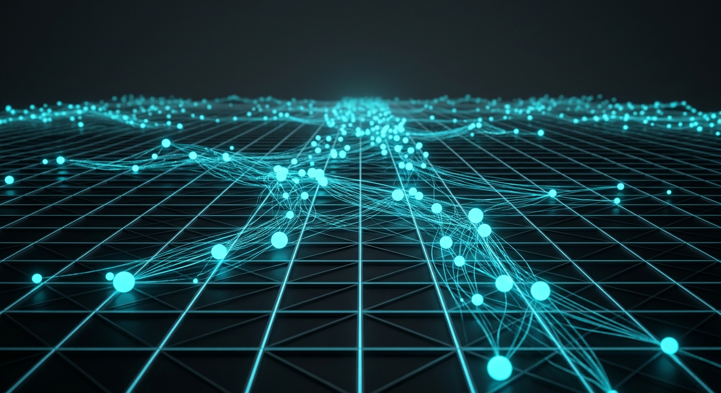 An abstract visual representation of AI-driven market analysis showing interconnected nodes of user demand lighting up a dark grid.