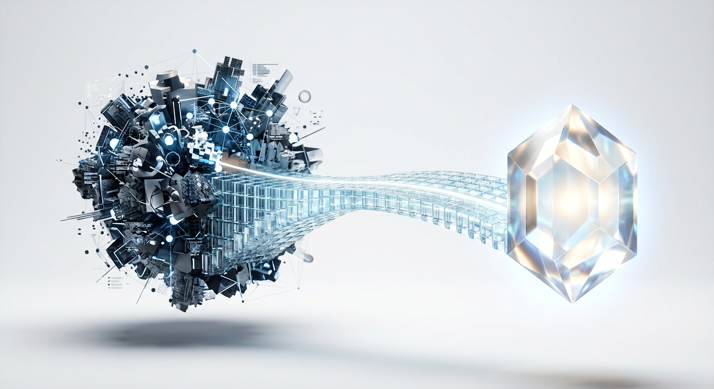 An abstract visualization of a bridge connecting 3D cubes representing data and a glowing core representing a startup idea.