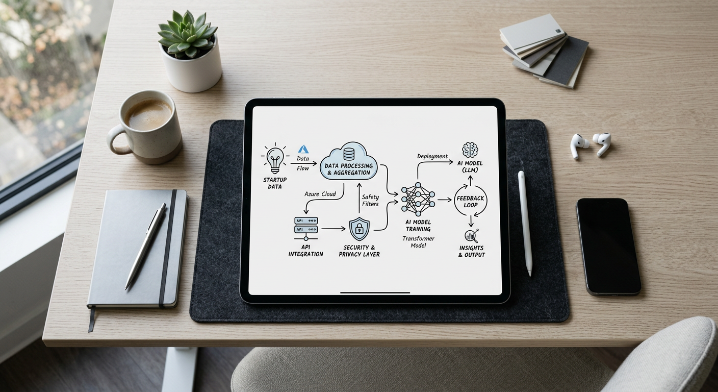 A professional workspace with a tablet showing a complex logic flow diagram of AI citation paths.